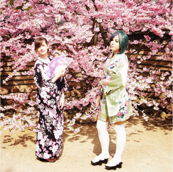 Japanerinnen vor blühenden Kirschbäumen