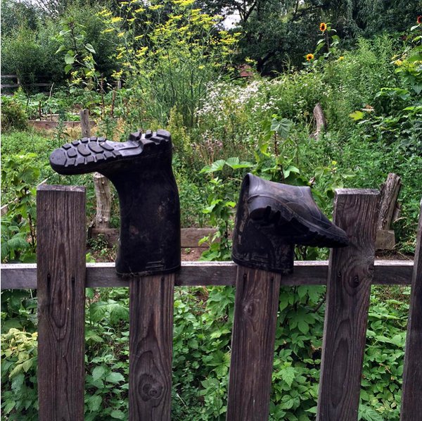 Gummistiefel stecken auf einem Holzzaun